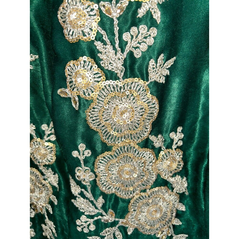 Women's Green Gold Satin Embroidered Indian Skirt With Beaded Drawstring - Picture 5 of 8